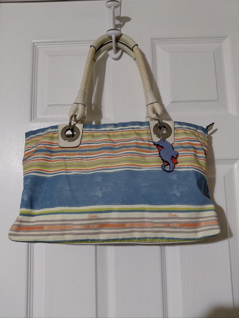 $Coach Beach Nautical Blue seahorse Summer Tote Handbag 16624 F16624